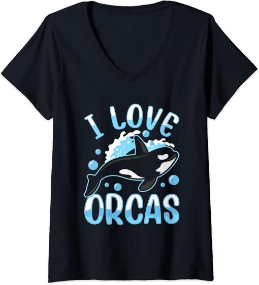 Womens I Love Orcas Protect Sea Orca Whale V-Neck T-Shirt