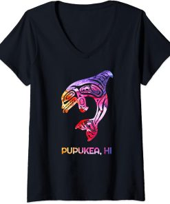 Womens Tribal Pupukea Orca Killer Whale Indigenous Native V-Neck T-Shirt