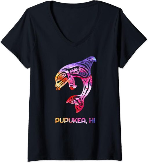 Womens Tribal Pupukea Orca Killer Whale Indigenous Native V-Neck T-Shirt