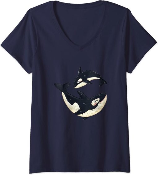 Womens Cute Dolphins Whales Orca Whale Design Orcas Boys Girls V-Neck T-Shirt