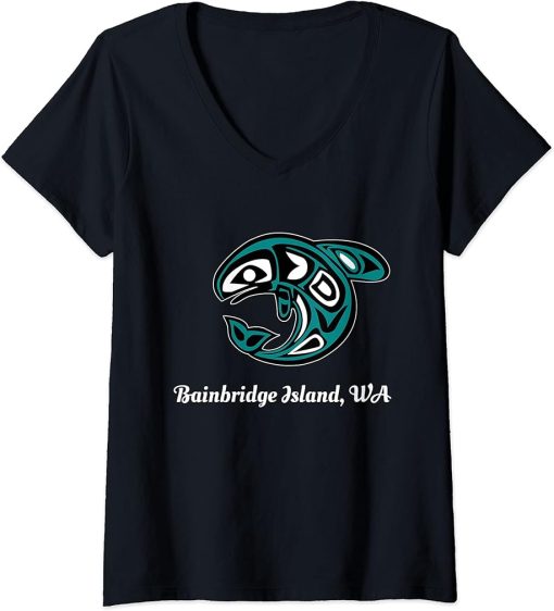 Womens Bainbridge Island WA Native American Orca Killer Whale V-Neck T-Shirt