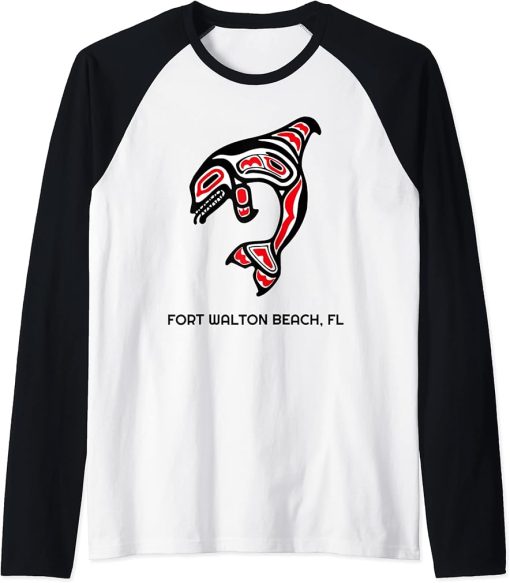 Fort Walton Beach FL Native American Orca Killer Whales Raglan Baseball Tee