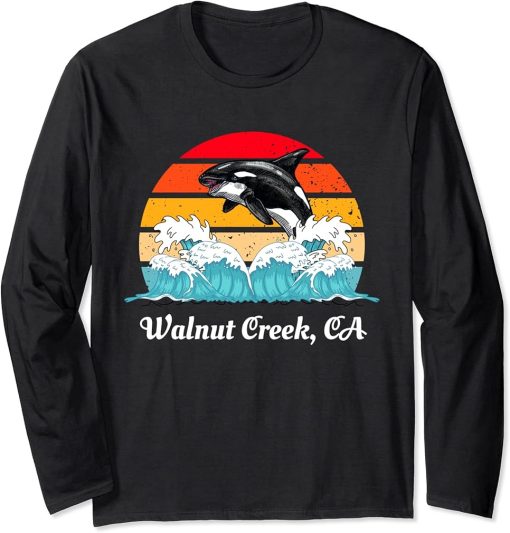 Vintage Walnut-Creek CA Distressed Orca Killer Whale Art Long Sleeve T-Shirt