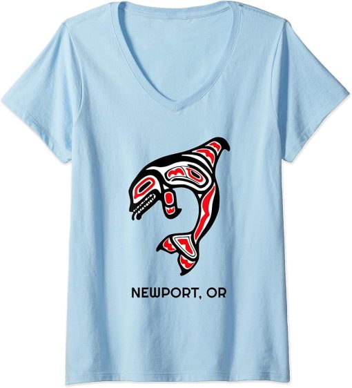 Womens Newport, Oregon Native American Orca Killer Whales V-Neck T-Shirt