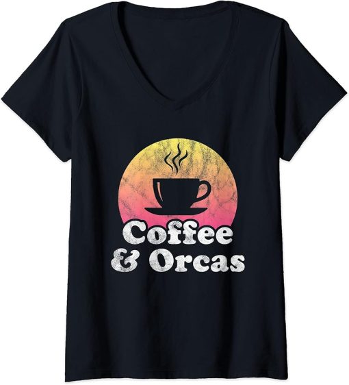 Womens Coffee and Orcas Orca V-Neck T-Shirt